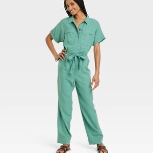 Universal Thread Green Short-Sleeve Utility Jumpsuit with Tie Waist Size 6